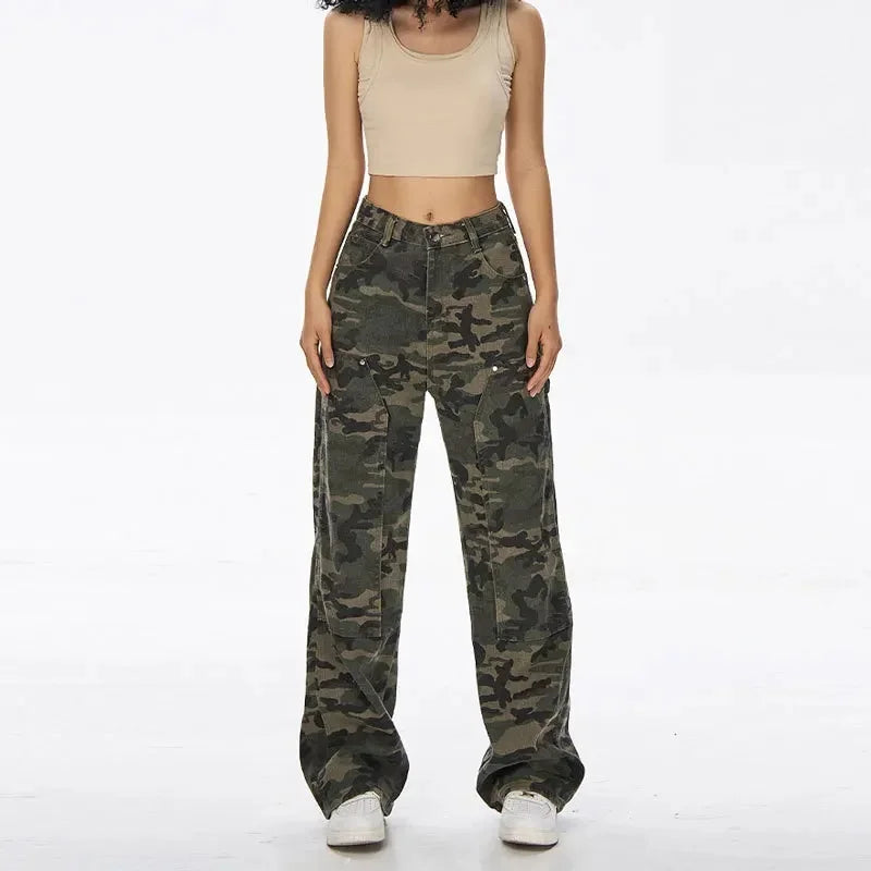 Sweat-shirt hip hop taille haute pour femme Jeans Pantalon droit décontracté Vert militaire Camouflage.