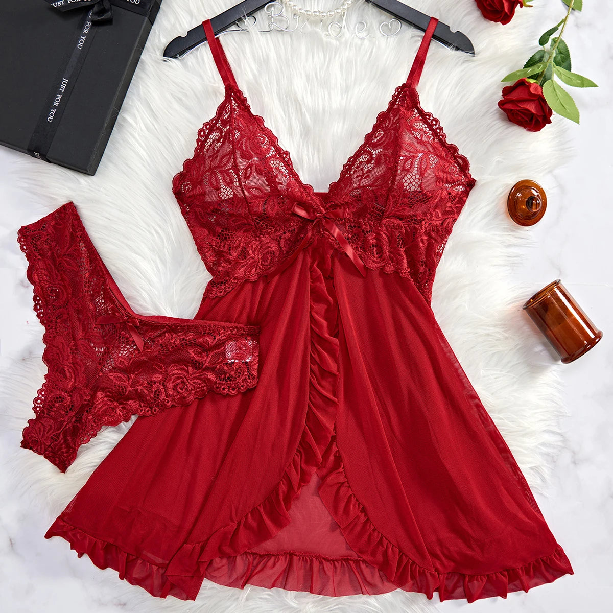 Sous-vêtements pour femmes de lingerie sexy rouge transparent