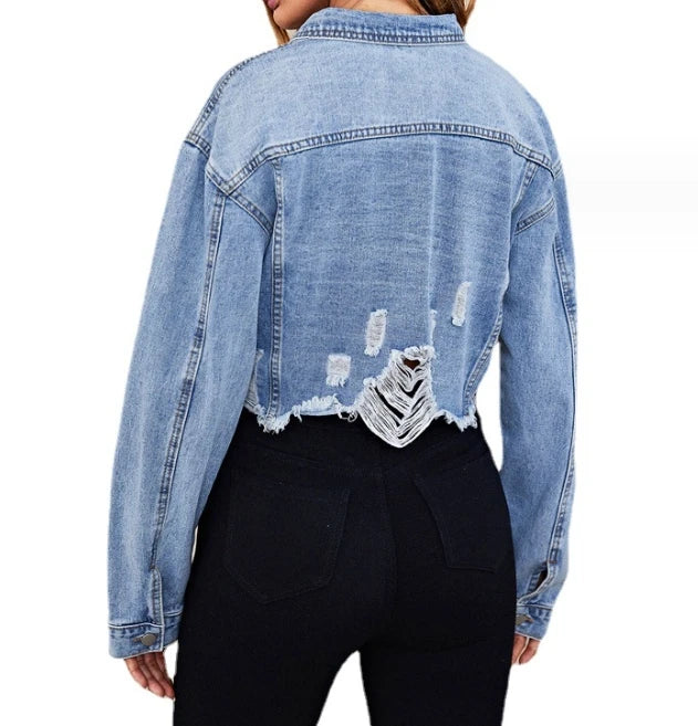 Veste en jean pour femmes Mode d’automne Poche déchirée Design Casual Col rabattu Manches longues