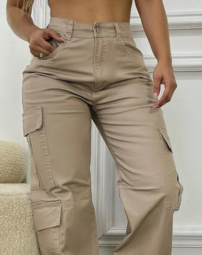 Pantalon Cargo américain taille haute pour femmes, marque tendance, multi-poches, couleur unie.