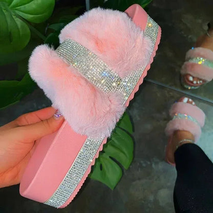 Femmes Fourrure Strass Pantoufles Plate-forme Compensées Sans Talon Moelleux Fourrure Diapositives Plat Tongs Chaussures Dames Brillant Bling