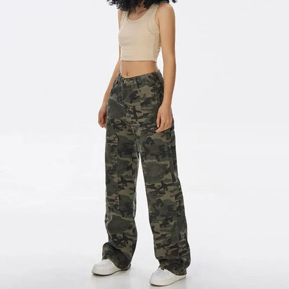 Sweat-shirt hip hop taille haute pour femme Jeans Pantalon droit décontracté Vert militaire Camouflage.