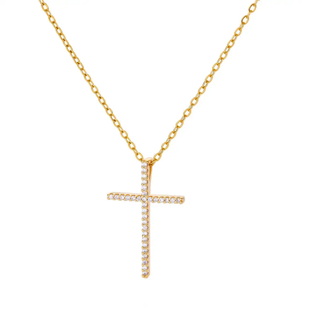 Collier avec pendentif croix en Zircon pour femmes, couleur or, en acier