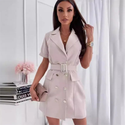 Élégante Mini Blazer Robe Avec Ceinture Nouvelle Mode D’été Double Boutonnage Robe À Manches Courtes