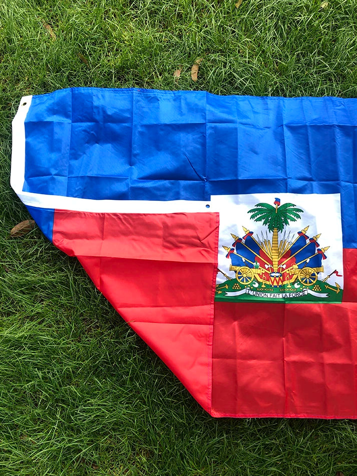 Drapeau d’Haïti 90x150cm suspendu Polyester bleu rouge 2 côtés Imprimé Drapeau National Haïti Bannière sportive