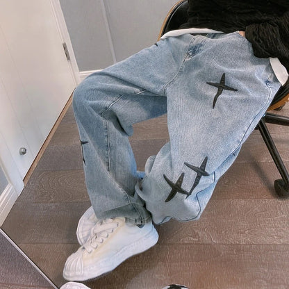 Hommes Nouveau Streetwear Baggy Large Leg Jeans Mode Coréenne Drapés Droit Décontracté