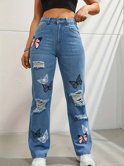 Papillon Impression Pantalon en denim Femmes Trous Jeans Pantalon droit Taille haute Coupe ample Vintage Casual Denims