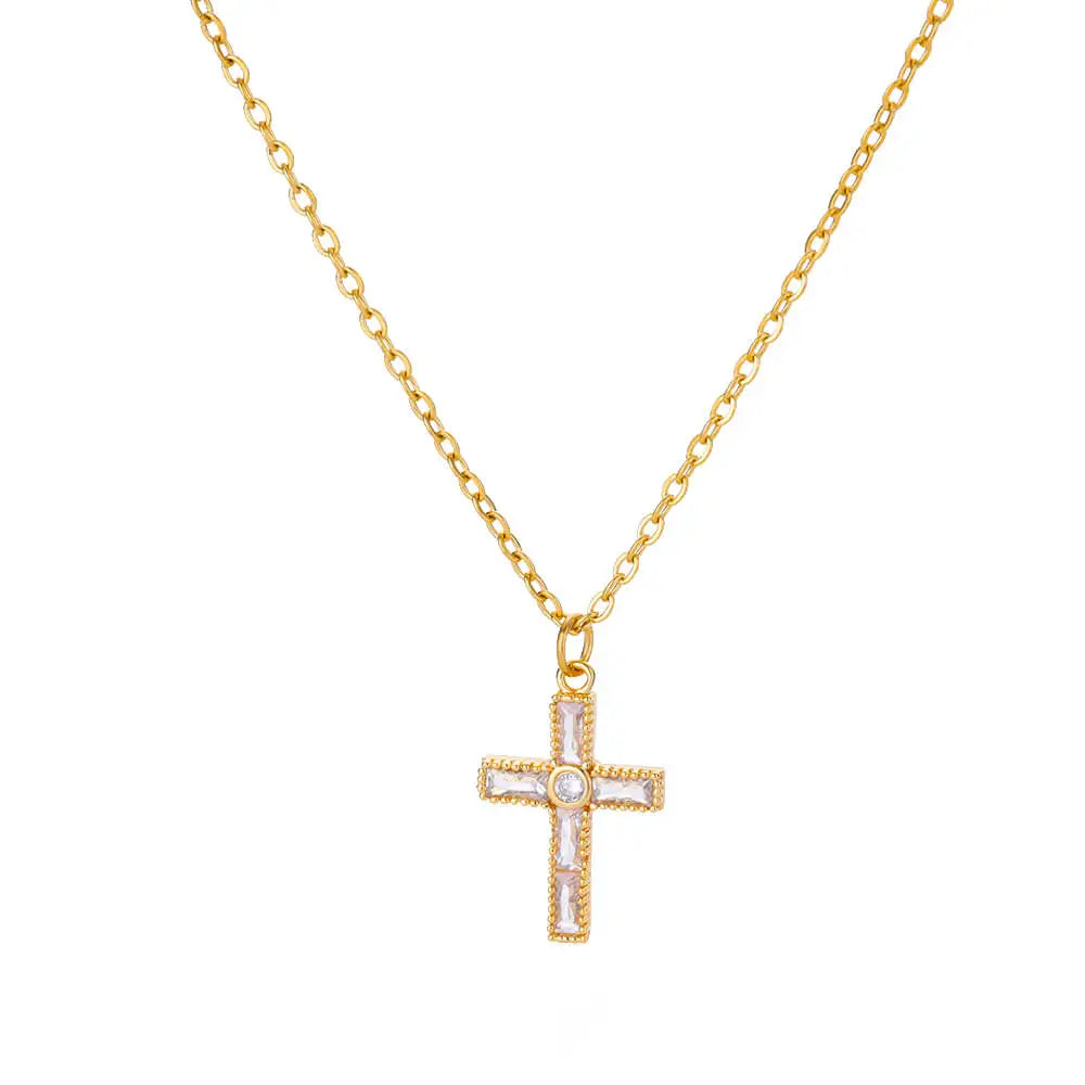 Collier avec pendentif croix en Zircon pour femmes, couleur or, en acier